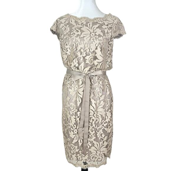 Tadashi Shoji Greta Lace Cocktail Dress in Sand Beige Size 8 - Picture 3 of 9